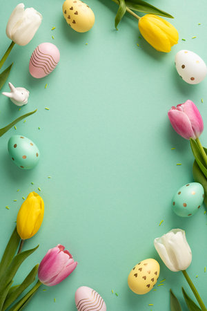 Happy Easter vertical flat lay featuring pastel painted eggs, tulips and a ceramic bunny on a mint...
