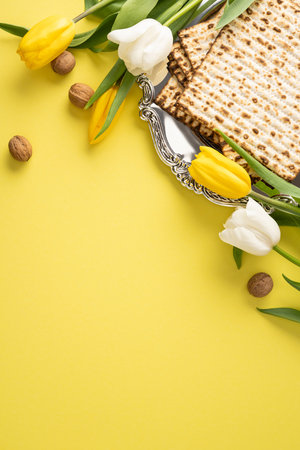 Bright Happy Passover composition with matzah on a silver tray, yellow and white tulip accents,...