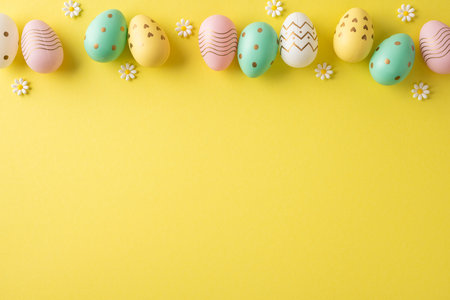 Happy Easter scene with pastel decorated eggs and small daisy flowers arranged on a bright yellow...