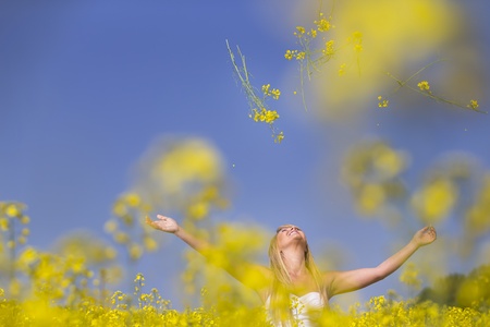 A blonde model in a field of flowers