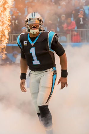 Charlotte, NC - Dec 11, 2016:  Carolina Panthers Quarterback, Cam Newton, shows emotion before the game against the visiting San Diego Chargers at Bank of America Stadium in Charlotte, NC. The Panthers win the game, 28-16.のeditorial素材