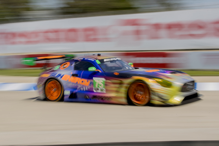 June 02, 2017 - Detroit, Michigan, USA:  The SunEnergy 1 Racing Mercedes AMG GT3 races through the turns at the Chevrolet Sports Car Classic at Belle Isle Street Course in Detroit, Michigan.のeditorial素材