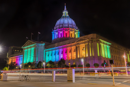 City Hall at night before the Gay Pride parade in San Francisco, Californiaのeditorial素材