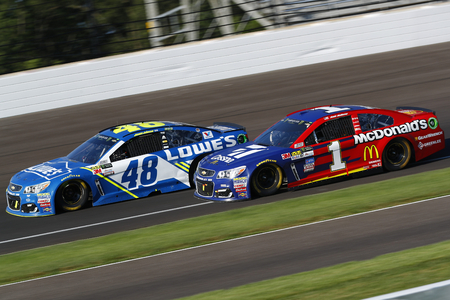 July 23, 2017 - Speedway, IN, USA: Jimmie Johnson (48) and Jamie McMurray (1) battle for position during the Brantley Gilbert Big Machine Brickyard 400 at Indianapolis Motor Speedway in Speedway, IN.のeditorial素材