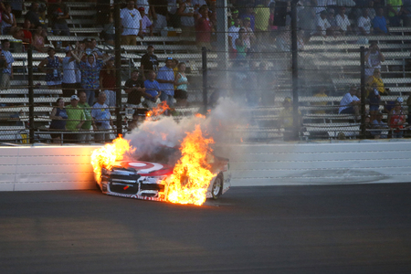 July 23, 2017 - Speedway, Indiana, USA: Kyle Larson (42) wrecks off turn 1 at the Brantley Gilbert Big Machine Brickyard 400 at Indianapolis Motor Speedway in Speedway, Indiana.のeditorial素材