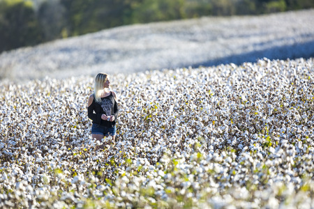 A blonde model posing in an outdoor environmentの写真素材