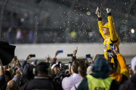 April 21, 2018 - Richmond, Virginia, USA: Kyle Busch (18) wins the Toyota Owners 400 at Richmond Raceway in Richmond, Virginia.のeditorial素材