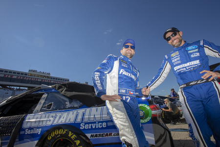 July 20, 2018 - Loudon, New Hampshire, USA: Matt Kenseth (6) and Ricky Stenhouse, Jr (17) chat before qualifying for the Foxwoods Resort Casino 301 at New Hampshire Motor Speedway in Loudon, New Hampshire.のeditorial素材