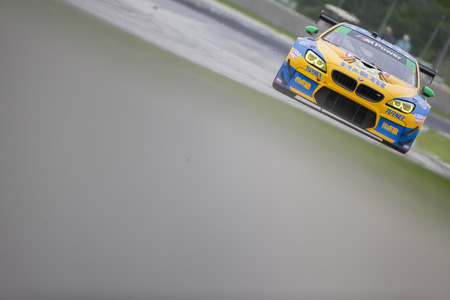 August 03, 2018 - Elkhart Lake, WI, USA:  The Turner Motorsport BMW M6 GT3 races through the turns at the Continental Tire Road Race Showcase at Road America in Elkhart Lake, WI.のeditorial素材