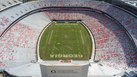 October 03, 2018 - Athens, Georgia, USA: Aerial views of Sanford Stadium, which is the on-campus playing venue for football at the University of Georgia in Athens, Georgia, United States. The 92,746-seat stadium is the tenth-largest stadium in the NCAA.のeditorial素材