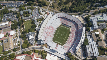 October 03, 2018 - Athens, Georgia, USA: Aerial views of Sanford Stadium, which is the on-campus playing venue for football at the University of Georgia in Athens, Georgia, United States. The 92,746-seat stadium is the tenth-largest stadium in the NCAA.のeditorial素材