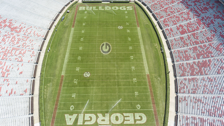 October 03, 2018 - Athens, Georgia, USA: Aerial views of Sanford Stadium, which is the on-campus playing venue for football at the University of Georgia in Athens, Georgia, United States. The 92,746-seat stadium is the tenth-largest stadium in the NCAA.のeditorial素材