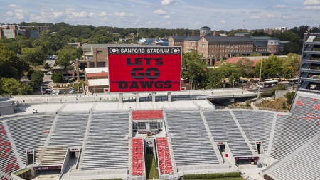 October 03, 2018 - Athens, Georgia, USA: Aerial views of Sanford Stadium, which is the on-campus playing venue for football at the University of Georgia in Athens, Georgia, United States. The 92,746-seat stadium is the tenth-largest stadium in the NCAA.のeditorial素材