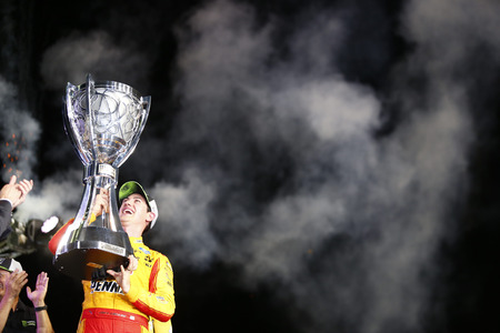 November 18, 2018 - Homestead, Florida, USA: Joey Logano (22) celebrates after winning the Monster Energy NASCAR Cup Series Championship after winning the Ford 400 at Homestead-Miami Speedway in Homestead, Florida.のeditorial素材