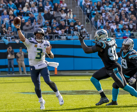 November 25, 2018 - Russell WILSON (3) plays against the Carolina Panthers at Bank Of America Stadium in Charlotte, NC.  The Panthers lose to the Seahawks, 30-27.  のeditorial素材