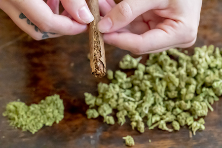 A beautiful brunette model smokes marijuana in the privacy of her own homeの写真素材