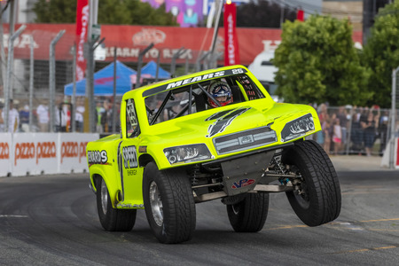 The Super Stadium Truck Challenge teams take to the track to race for the Hondy Indy Toronto at Streets of Toronto in Toronto Ontario.のeditorial素材
