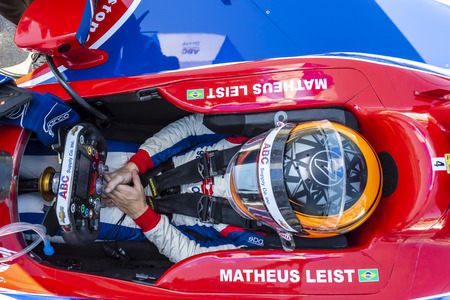 July 19, 2019 - Newton, Iowa, USA: MATHEUS LEIST (4) of Brazil  prepares to qualify for the Iowa 300 at Iowa Speedway in Newton, Iowa.のeditorial素材