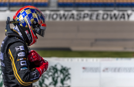 JAMES HINCHCLIFFE (5) of Canada  prepares to practice for the Iowa 300 at Iowa Speedway in Newton, Iowa.のeditorial素材