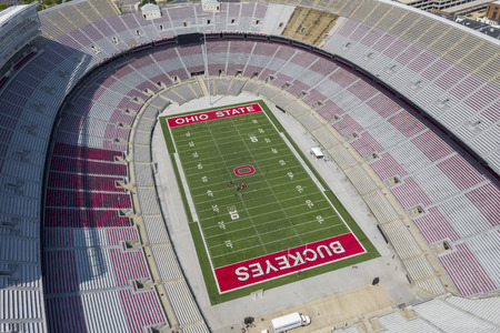 July 25, 2019 - Columbus, Ohio, USA: Aerial view of Ohio Stadium, also known as the Horseshoe, the Shoe, and the House That Harley Built, is an American football stadium in Columbus, Ohio, on the campus of The Ohio State University.のeditorial素材