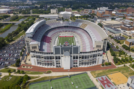 July 25, 2019 - Columbus, Ohio, USA: Aerial view of Ohio Stadium, also known as the Horseshoe, the Shoe, and the House That Harley Built, is an American football stadium in Columbus, Ohio, on the campus of The Ohio State University.のeditorial素材