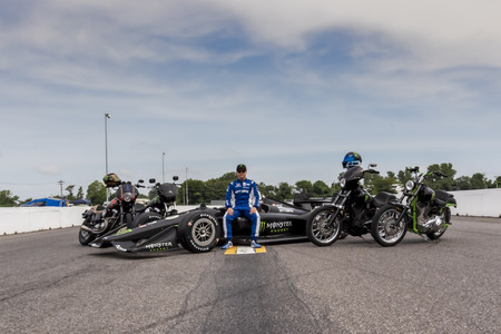 August 23, 2019 - Madison, Illinois, USA: FELIX ROSENQVIST (10) of VÃ¤rnamo, Sweden  poses with his Monster Energy IndyCar before a practice session for the Bommarito Automotive Group 500 at World Wide Technology Raceway in Madison Illinois.のeditorial素材