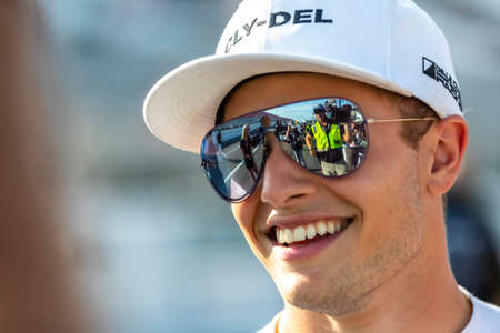 August 23, 2019 - Madison, Illinois, USA: SANTINO FERRUCCI (19) (R) of the United States  prepares to qualify for the Bommarito Automotive Group 500 at World Wide Technology Raceway in Madison, Illinois.のeditorial素材