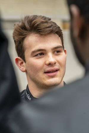 PATO OWARD (5) takes questions from the media before he practices for the NTT INDYCAR SERIES Open...