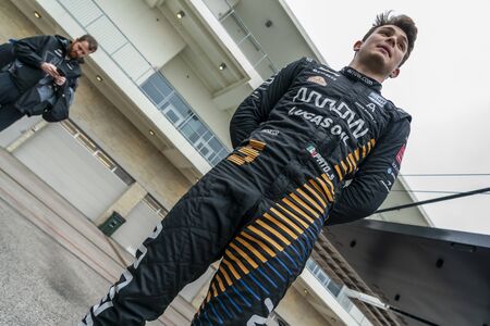 PATO OWARD (5) takes questions from the media before he practices for the NTT INDYCAR SERIES Open...