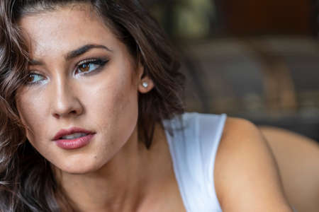 A gorgeous brunette model poses in lingerie in a bedroom environmentの写真素材