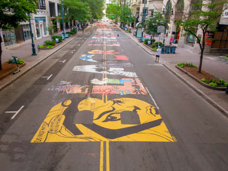 June 14, 2020 - Charlotte, North Carolina, USA: In protest to the ongoing racial riots, Black Lives Matter is painted on the ground on Tryon Street in Charlotte, NC.のeditorial素材