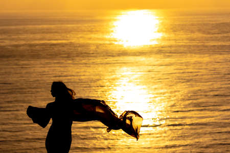 A gorgeous brunette bikini model lounging on the shoreline at the beach at sunsetの写真素材