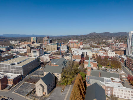Aerial views of the city of Asheville, North Carolinaのeditorial素材