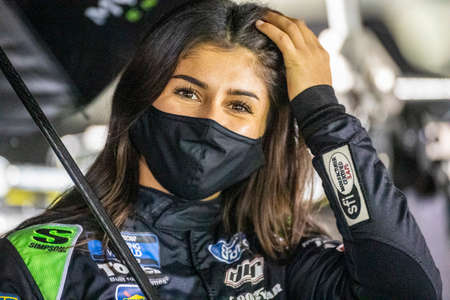 Hailie Deegan waits out a rain delay during the Brake Best 159 at Daytona Road Course in Daytona Beach, Florida.のeditorial素材