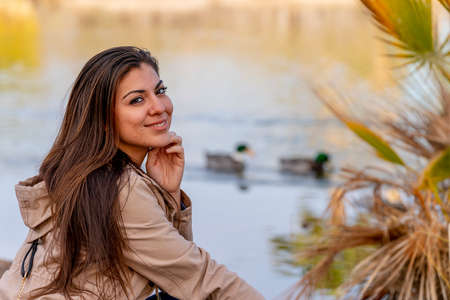A beautiful hispanic model enjoys the Arizona desert on a winters dayの写真素材