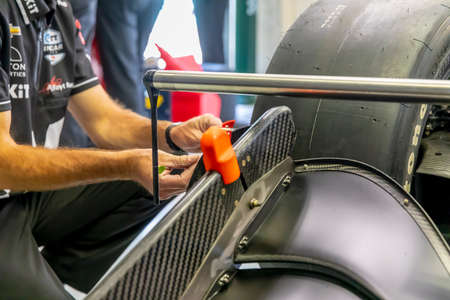 Crewmembers of DALTON KELLETT (4) of Stouffville, Canada  prepare their car to practice for the GMR Grand Prix at Indianapolis Motor Speedway in Indianapolis, Indiana.のeditorial素材