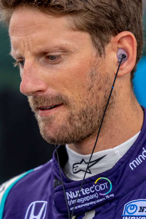 ROMAIN GROSJEAN (R) (51) of Geneva, Switzerland prepares to race for the Chevrolet Detroit Grand Prix at the Belle Isle in Detroit, Michigan.のeditorial素材