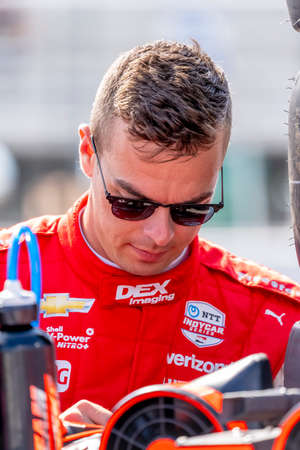 SCOTT MCLAUGHLIN (R) (3) of Christchurch, New Zealand prepares to qualify for the Bommarito Automotive Group 500 at the World Wide Technology Raceway in Madison, Illinois.のeditorial素材