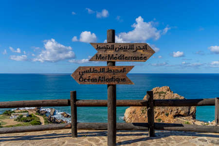 The meeting point of the Mediterranean and the Atlantic Ocean with the Cape Spartel Tangier, Moroccoの写真素材