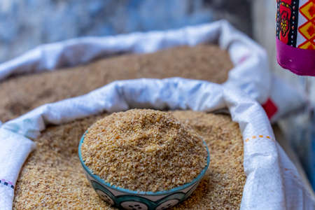 Moroccan spices in the blue city Chefchaouen, Morocco, Africa.