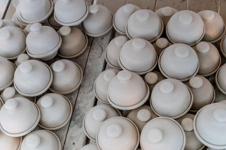 Ancient Moroccan tradition of hand-cut tile mosaics and hand painted ceramics are being produced in Fes, Morocco, Africaの写真素材