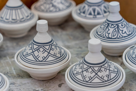 Ancient Moroccan tradition of hand-cut tile mosaics and hand painted ceramics are being produced in Fes, Morocco, Africaの写真素材