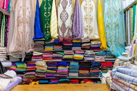 Colorful trinkets are sold in the open market in the blue city Medina of Fez, Morocco, Africa.の写真素材