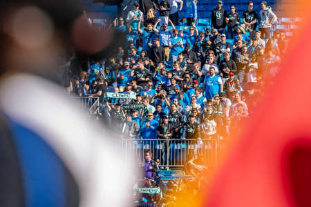 Fans show their support for the Charlotte FC as they play host to the FC Cincinnati football club at...