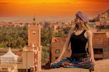 A gorgeous model poses outdoors in Morocco, Africaの写真素材