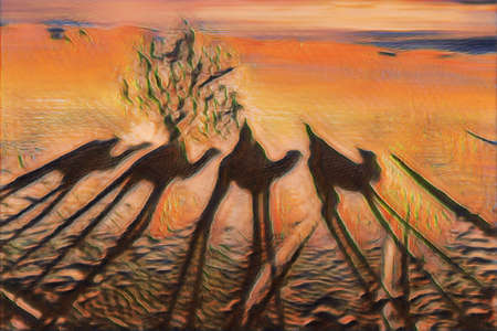 Shadows of a group of travelers are seen in the sand as they walk through the Saharan Desert in Morocco, Africaの写真素材