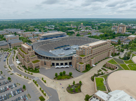 Aerial view of Notre Dame Stadium representing the University of Notre Dame in Notre Dame, Indiana, north of the city of South Bend.のeditorial素材