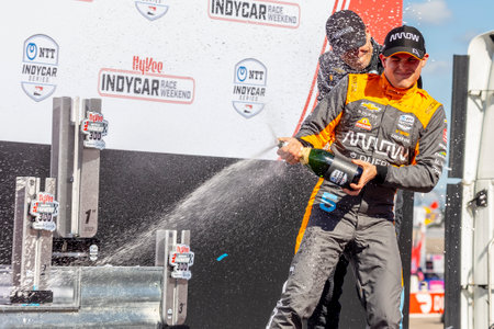 PATO OWARD (5) of Monterey, Mexico wins the HY-VEEDEALS.COM 250 at Iowa Speedway in Newton, IA, USA.のeditorial素材