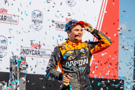 PATO OWARD (5) of Monterey, Mexico wins the HY-VEEDEALS.COM 250 at Iowa Speedway in Newton, IA, USA.のeditorial素材