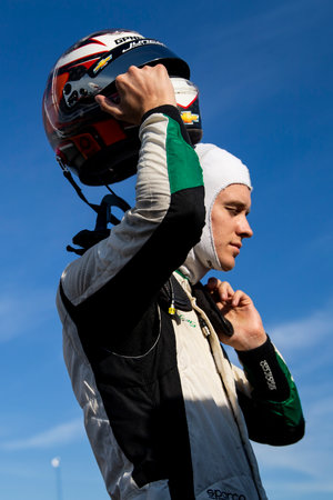 CALLUM LLOTT (77) (R) of Cambridge, England travels through the turns during a practice for the Bommarito Automotive Group 500 at the World Wide Technology Raceway in Madison IL.のeditorial素材